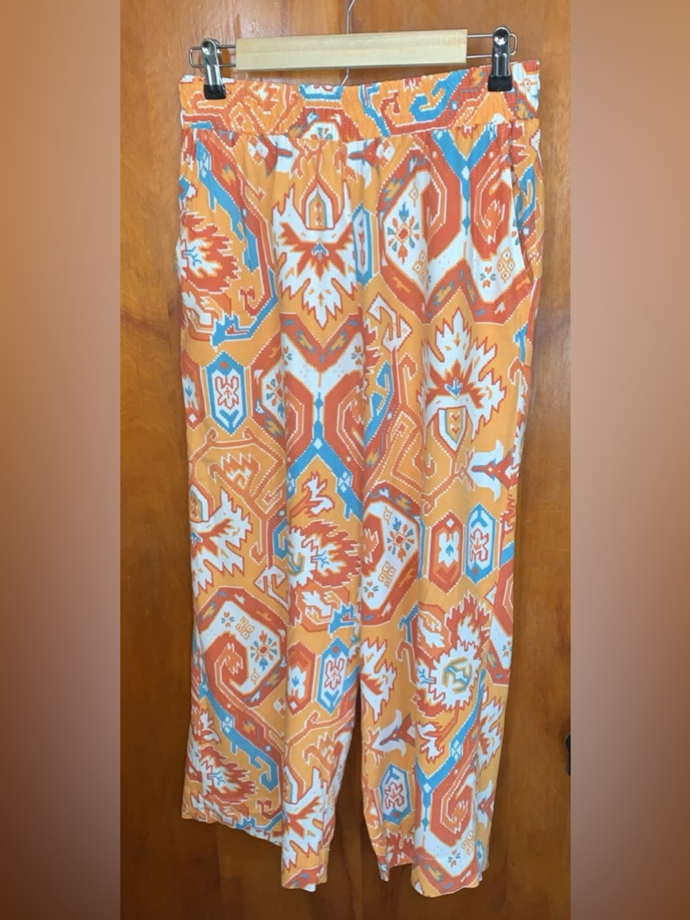 Christian Siriano Linen Rayon Bohemian Orange Teal Aztec Wide Leg Pants Medium